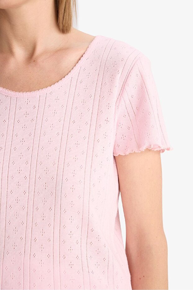 Regular Fit Pijama Takımı Kısa Kollu Üst Esnek Belli Şort-Fall in Love E4335AX25SP - 6