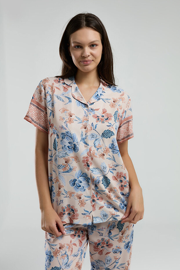 Women's Shirt Collar Pigment Printed Summer Regular Fit Pink Shirt Pajama Set Ar3201-S-V1