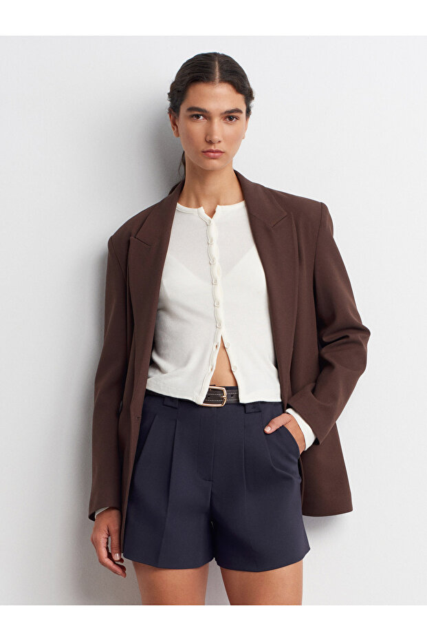 71663 Normal Bel Pili Detaylı Şort-Lacivert - 3