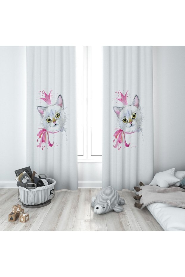 Cat Patterned Children's and Baby's Room Background Curtain 2 Wings Tla-234