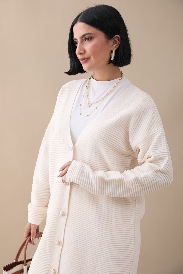 Basic Fitilli Beyaz Triko Hırka - 6