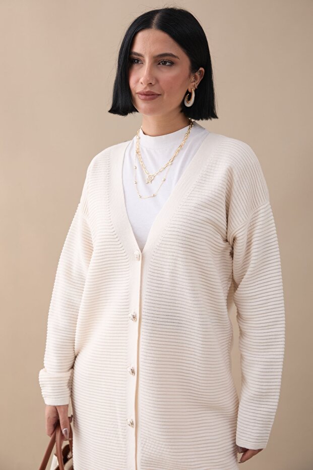 Basic Fitilli Beyaz Triko Hırka - 3