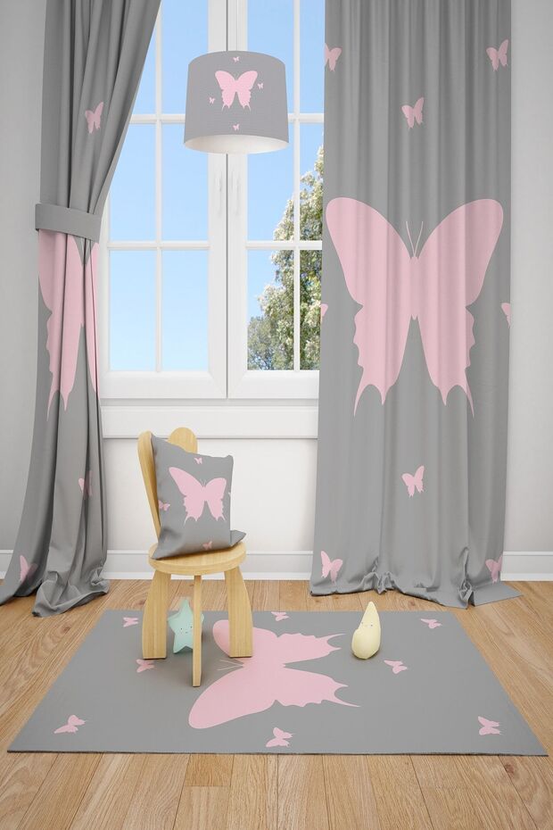 Butterfly Patterned Children's Room Background Curtain 2 Wings Tla-195