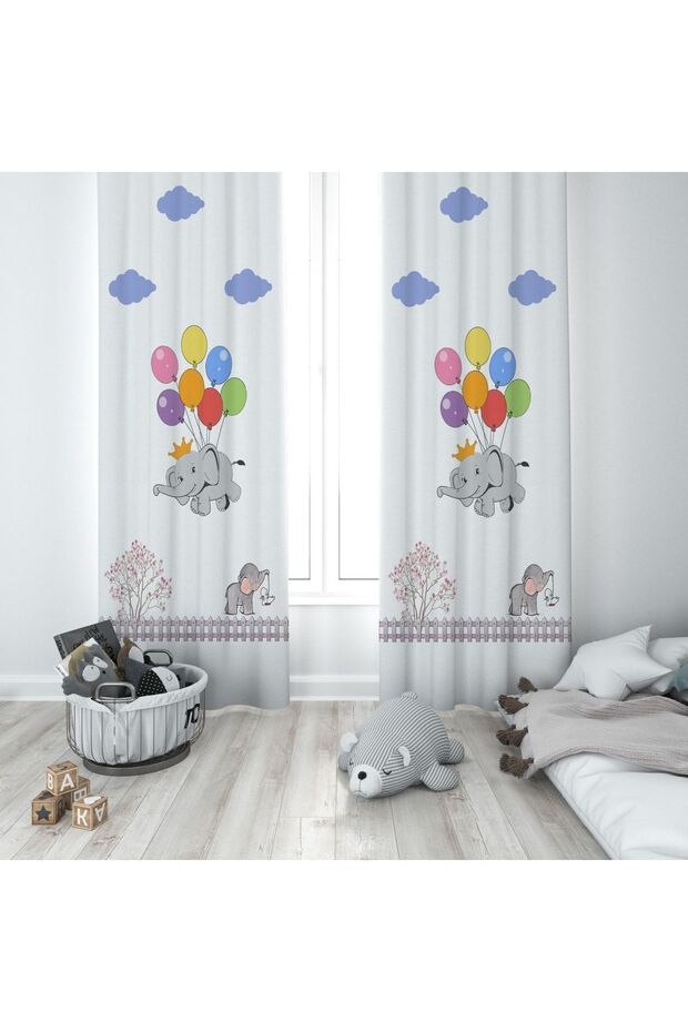 Flying Elephant Patterned Children's and Baby's Room Background Curtain 2 Wings Tla-257