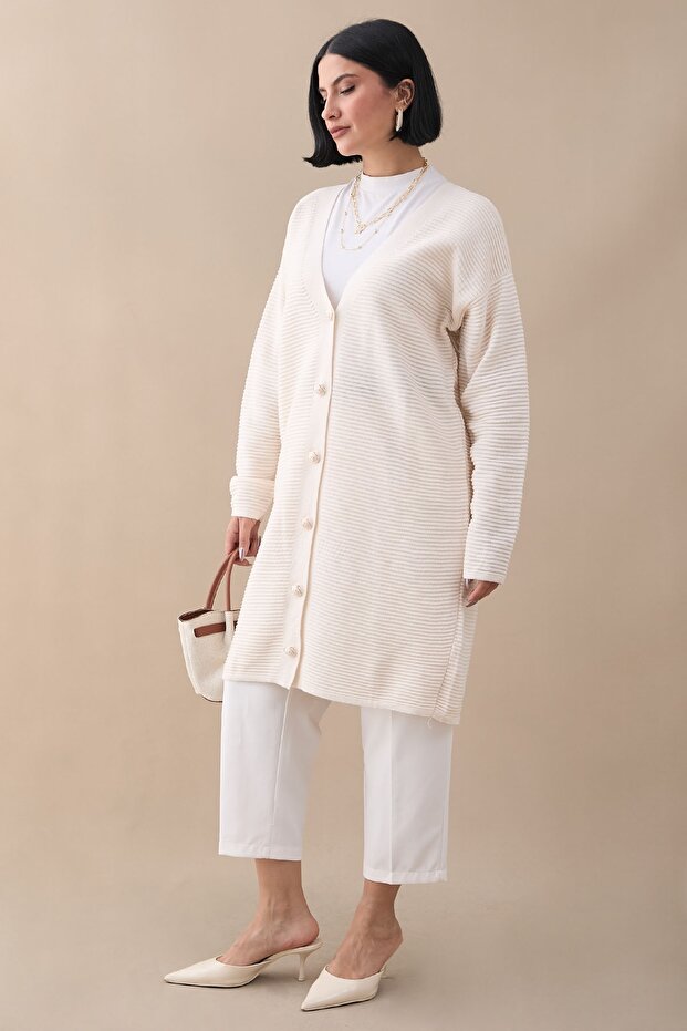 Basic Fitilli Beyaz Triko Hırka - 1