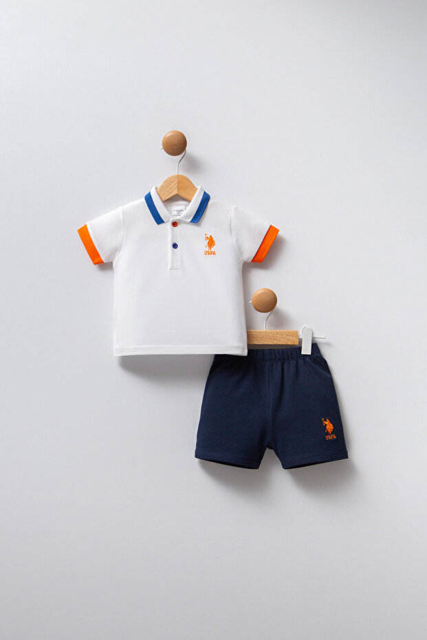 Baby Boy Polo Collar Pigment Printed Summer Regular Fit White Baby Set Usb2281-C-V1
