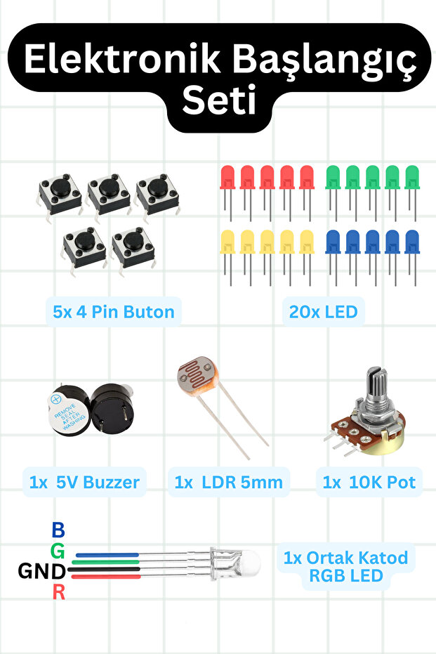 Elektronik Başlangıç Seti – Buton, LED, Buzzer, Potansiyometre, LDR ve RGB LED - 1