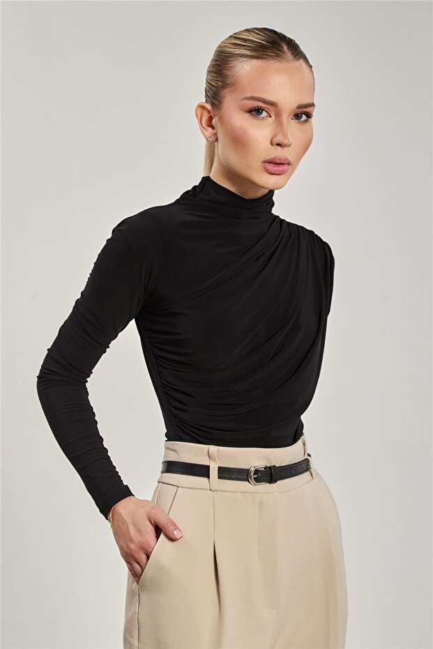Women's Draped Long Sleeve Blouse - Black
