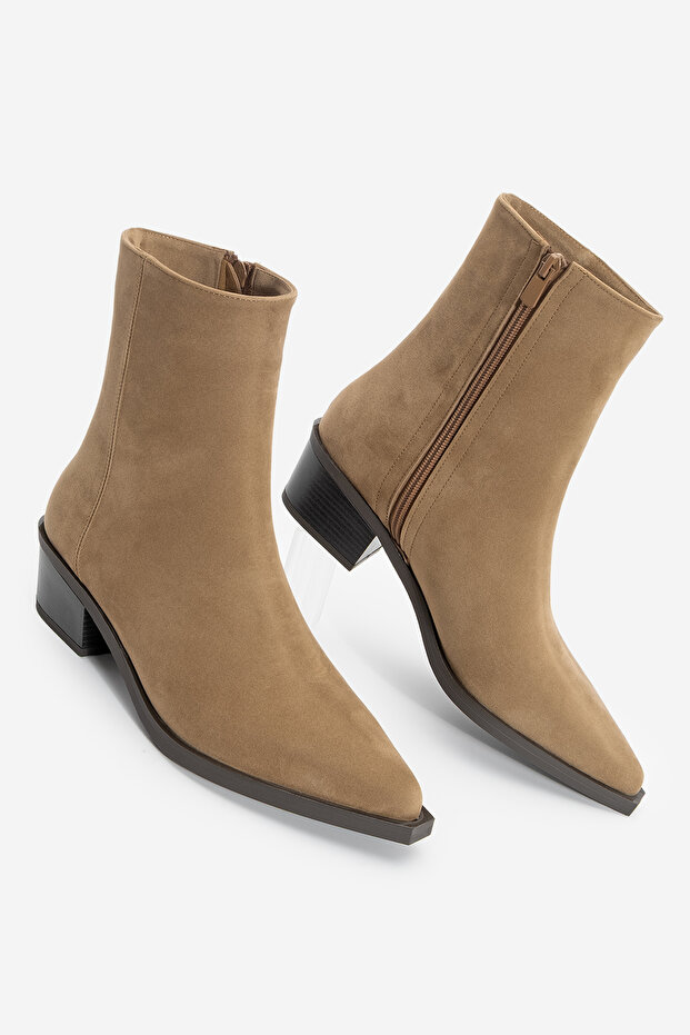 Női hegyes orrú cowboy vastag sarkú western csizma, barna velúr - 1