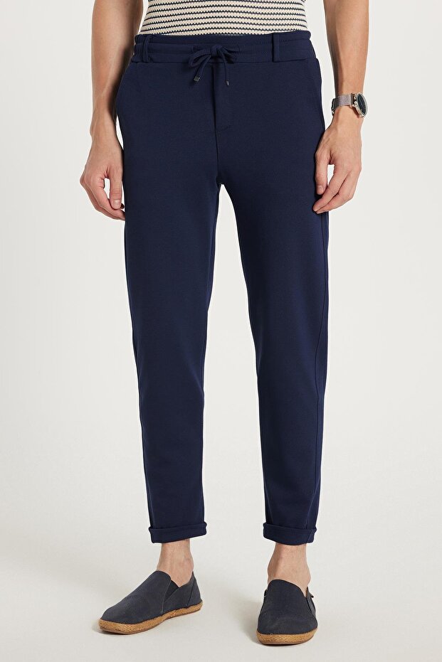Men's Slim Fit Cotton Tie Waist Side Pockets Folded Leg Jogger Navy Blue Trousers