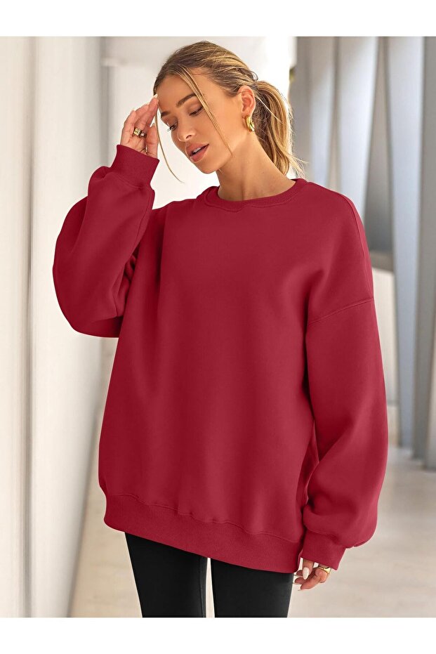 Kadın Bisiklet Yaka Basic Oversize Sweatshirt KIRMIZI - 2