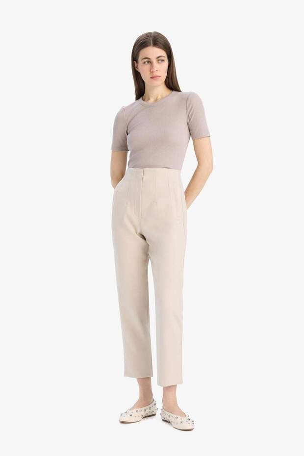 Carrot Fit Crop Klasik Kumaş Pantolon Fermuarlı Yüksek Bel Basic Düz Dar Paça C2466AX25SP - 3