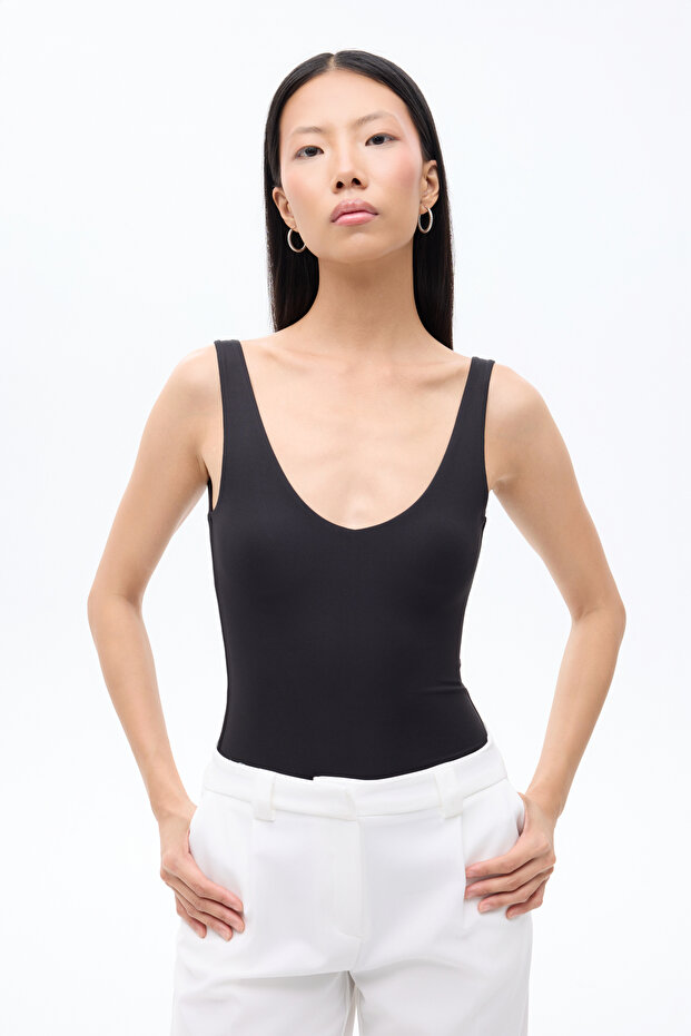 V Yaka Basic Bodysuit Siyah - 1