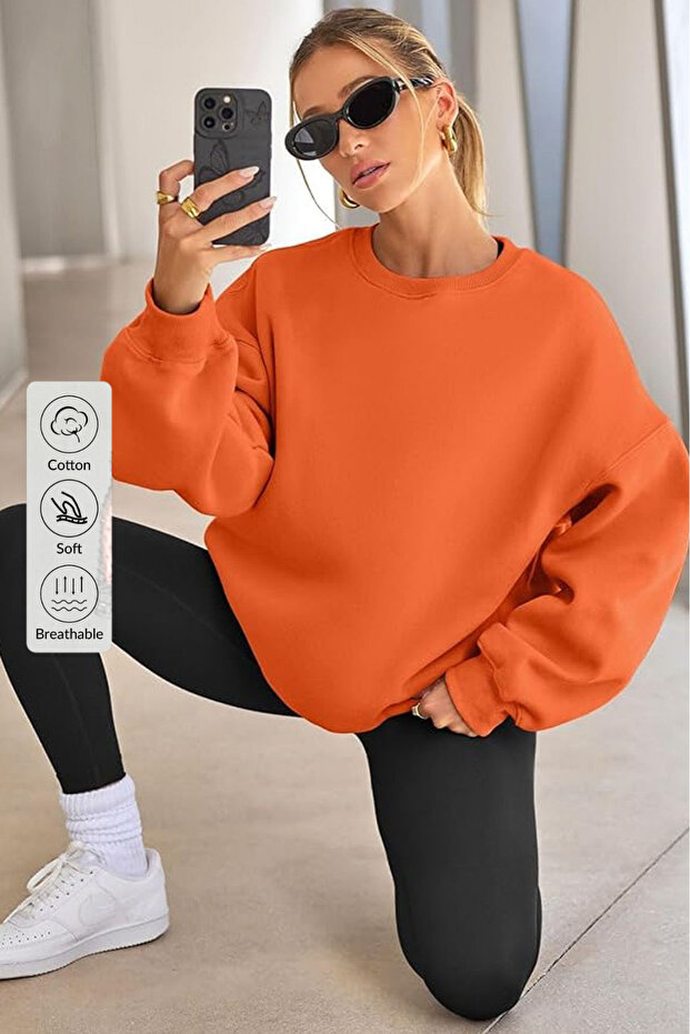 Women's Crew Neck Basic Oversize Sweatshirt ORANJ