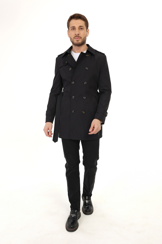 Siyah Tek yırtmaç Dizüstü Kemerli Kruvaze Trençkot - 1