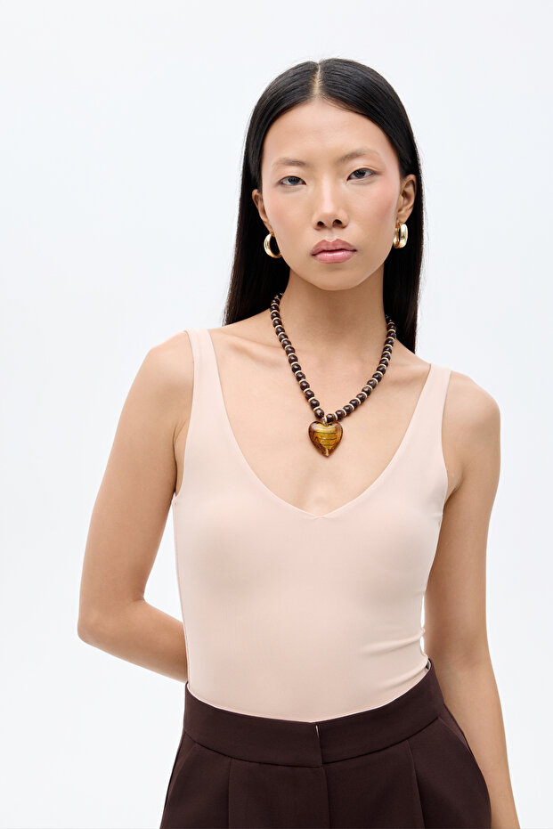 V Yaka Basic Bodysuit Bej - 1