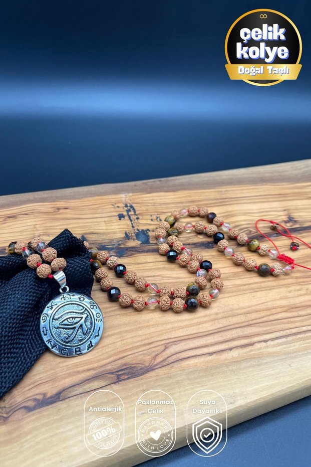 Eye of Horus Natural Stone Mala Necklace |   Rudraksha, Tiger's Eye, Agate, Citrine, Unisex Steel