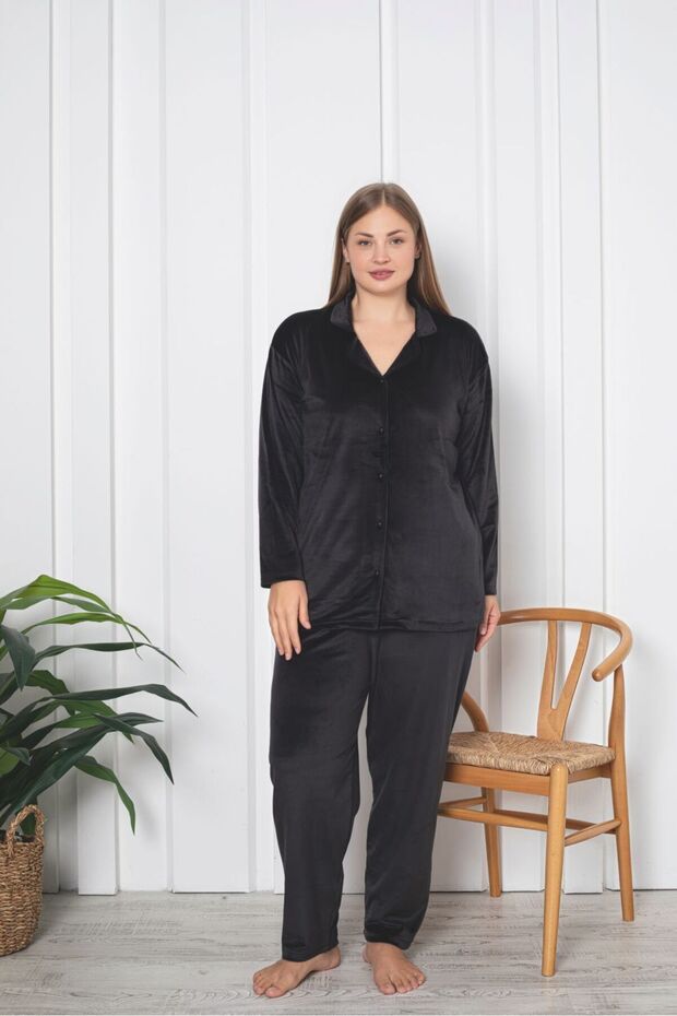 بدلة مخملية - مقاس كبير، بأزرار على الرقبة - 2