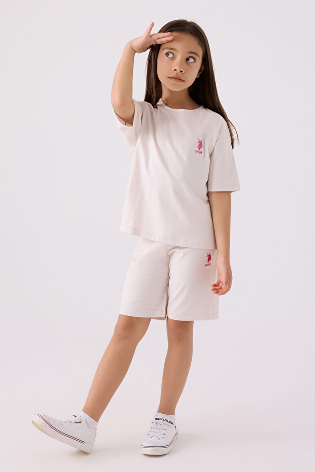 Girl's Crew Neck Wrap Embroidered Summer Regular Fit Cream Bermuda Set Us1848-C-V18
