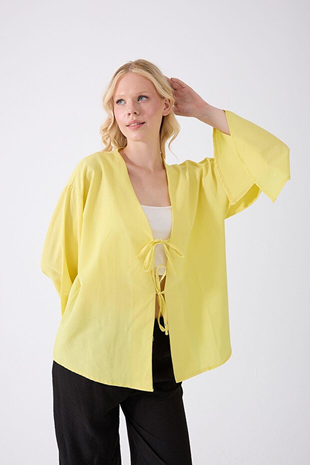 Women's Yellow Double Tie Slit Sleeve Kimono