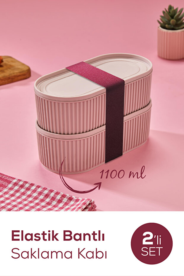 Set of 2 Stackable Practical Storage Containers with Elastic Bands 2X(1100ml) Pink - 2