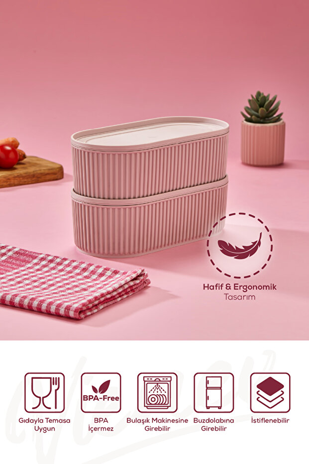 Set of 2 Stackable Practical Storage Containers with Elastic Bands 2X(1100ml) Pink - 4