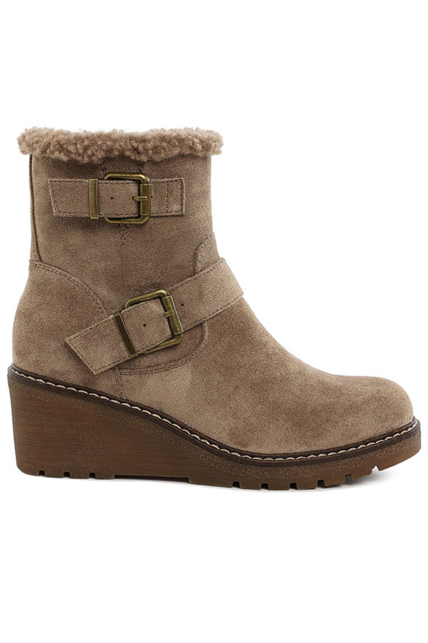 Women Faux Fur Harness Boots in Taupe