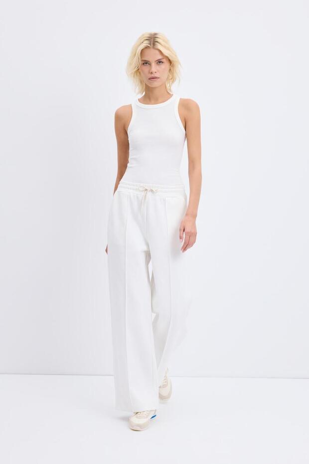 High Waist Ribbed Stitching Detailed Trousers Ecru