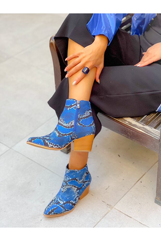 Dalida Cobalt Blue Snake Skin Detail 6 cm Heel Dallas Short Boots