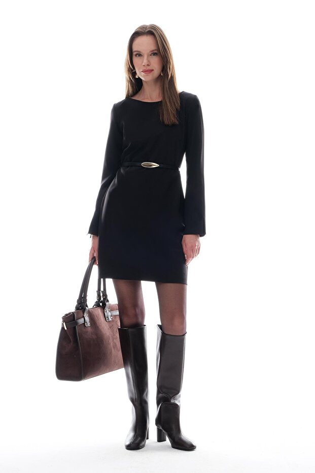 Deri Kemerli Mini Şık Elbise - 1