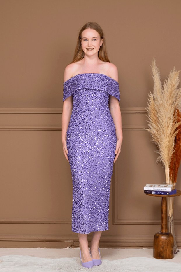 Sequin Fabric Boat Neck Pencil Dress - Purple