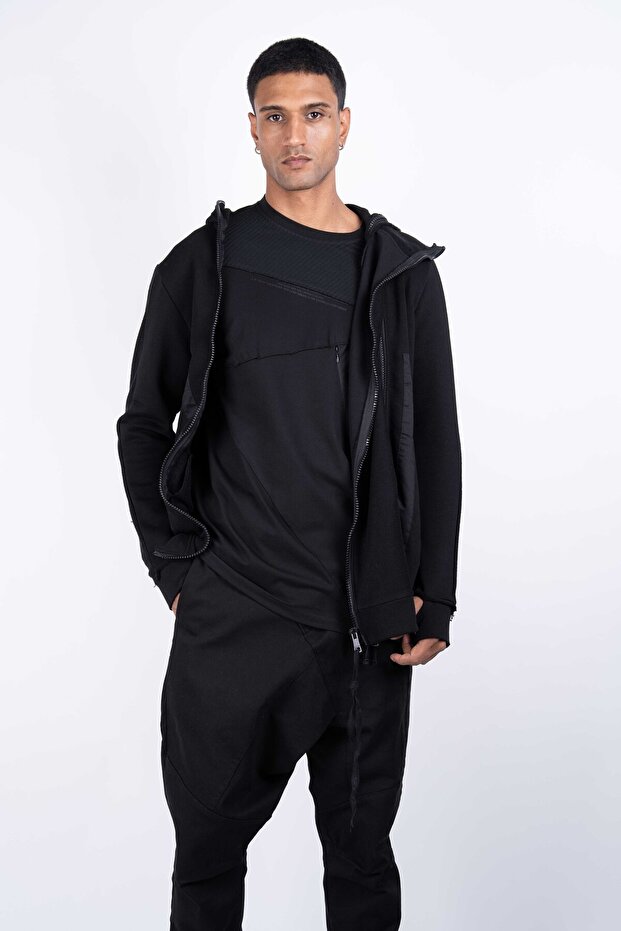 Fermuarlı Örme Siyah Sweat-Ceket - 4