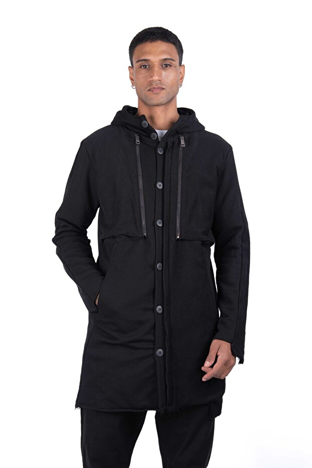 Düğmeli Örme Siyah Sweat-Ceket - 1