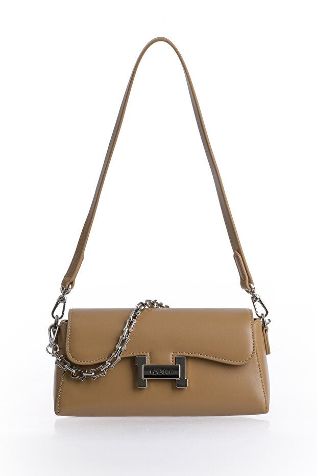 Stylish Design Long Strap Chain Detailed Women's Shoulder Bag 930405 Khaki