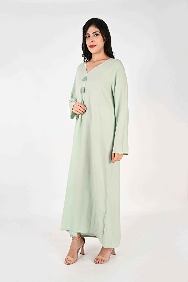 Ladies Jalabiya – Grey Base with V Neck and Tassel Detailing