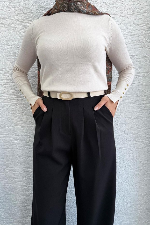 Front Pleated Detail Palazzo Women's Trousers - Black