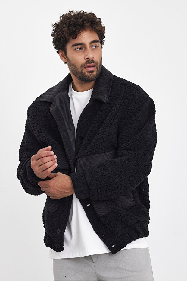 Erkek Kadife Detaylı Siyah Peluş Mont - 2