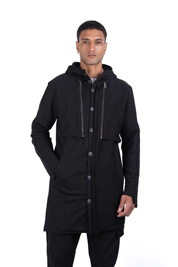 Düğmeli Örme Siyah Sweat-Ceket - 7