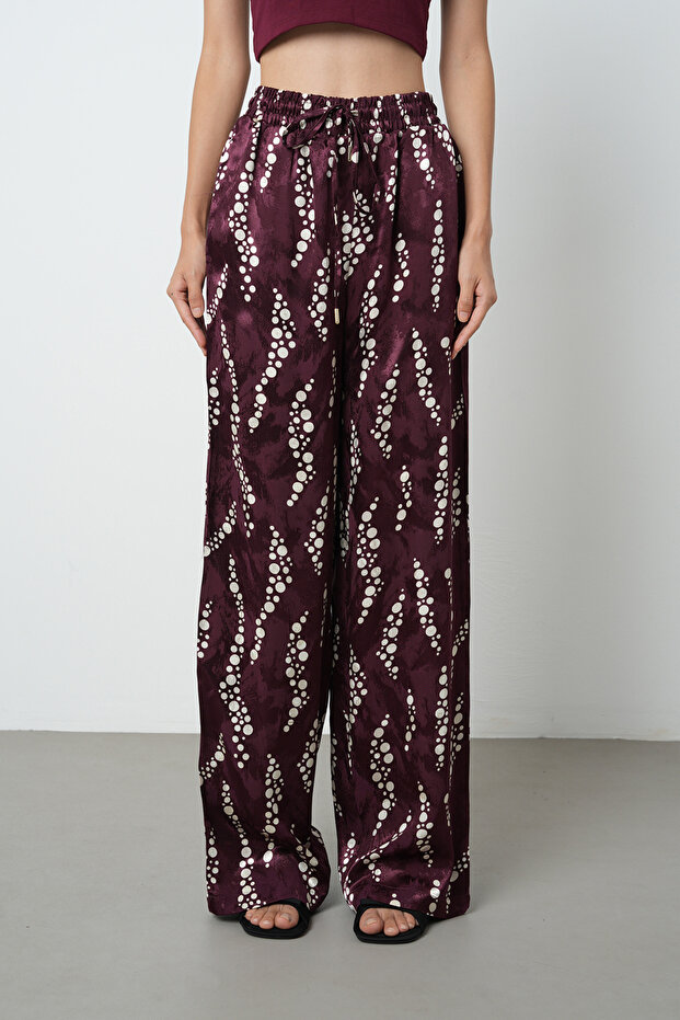 Women's Burgundy - Cream Color Patterned Wide Leg Elastic Waist Trousers