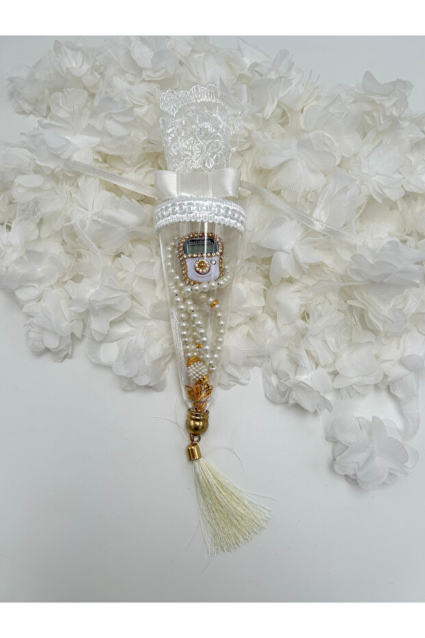 1 Piece Cream Gift Set with Lace Cone, Prayer Beads and Stone Zikirmatik Set (Mevlid - Hajj - Umrah)