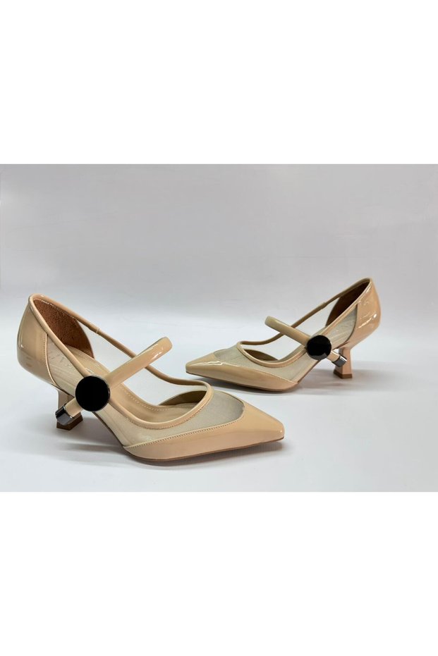 Heel-Style Women's Shoes Beige Patent Leather - Detailed with Mesh - Detailed with Accessory Straps