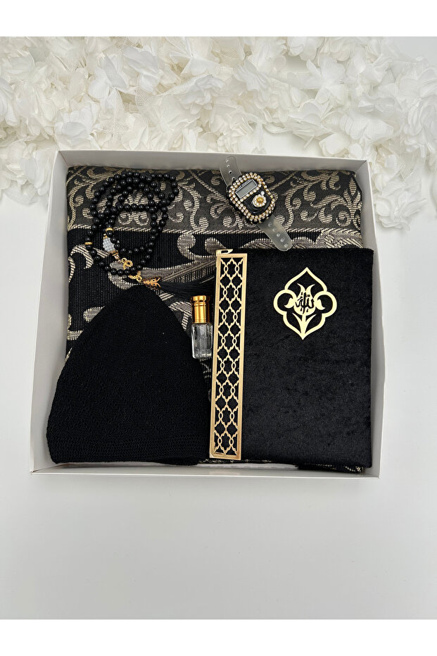 6 Piece Black Men's Prayer Set (Prayer Rug - Prayer Beads - Fragrance - Skullcap - Dhikr Mat)