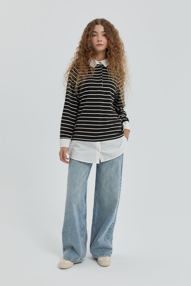 Çizgili Gömlek Yaka Örme Çelik Sweat Siyah - 5