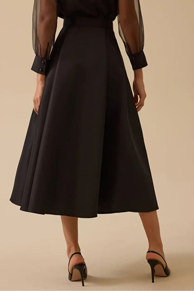 Women's Taffeta Fabric High Waist Stylish Flared Skirt - Black