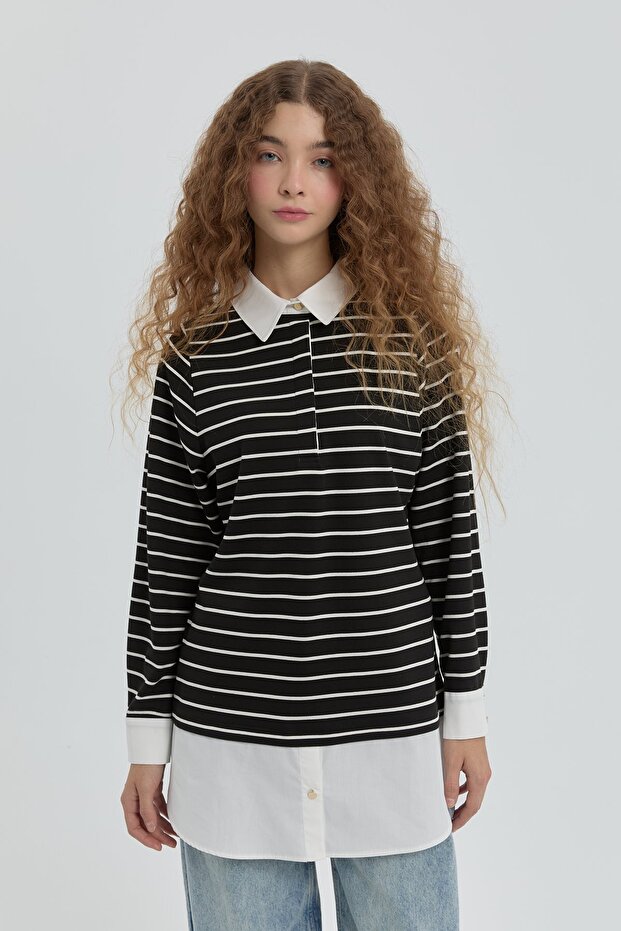 Çizgili Gömlek Yaka Örme Çelik Sweat Siyah - 3