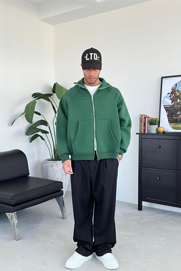 Yeşil Cozy Basic Çift Fermuar Oversize Sweatshirt - 1
