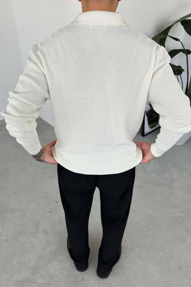 Ekru Basic Fitilli Düğmeli Yaka Relaxed Kazak - 6