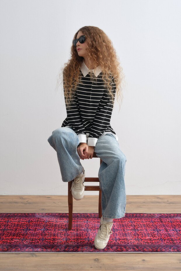 Çizgili Gömlek Yaka Örme Çelik Sweat Siyah - 2