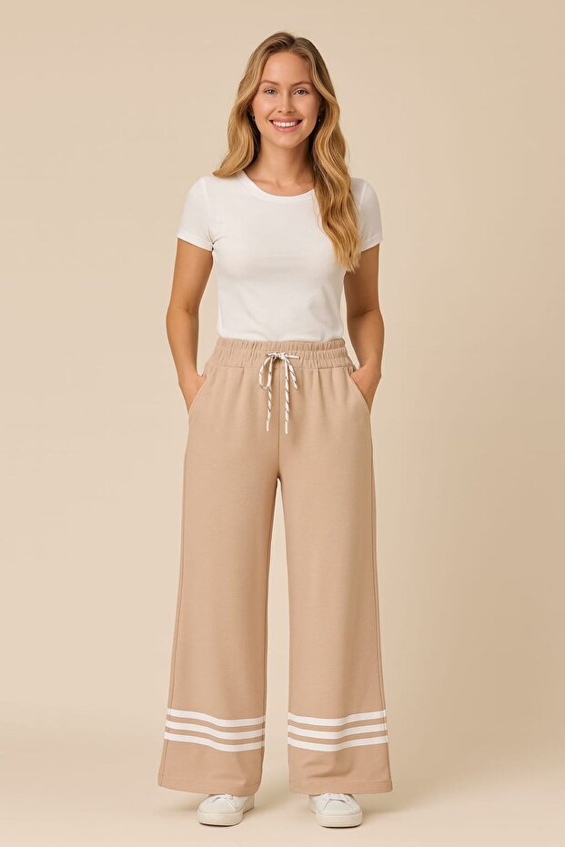 Beige High-Quality Stretchy Modal Cotton Fabric Wide-Leg Sweatpants with Pockets - Casual, Comfortable Fit