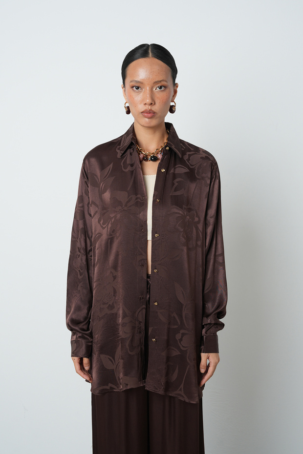 Women's Brown Patterned Oversize Hijab Shirt